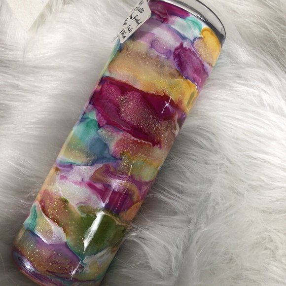 20 Ounce Tumbler Hand-Painted Pinks Pearl Teal Yellow Lid And Straw - Picture 8 of 16